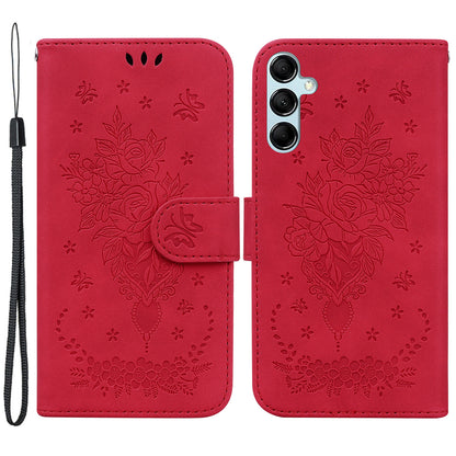 Leather Stand Wallet Phone Case for Samsung Galaxy M14 5G , Imprinted Rose Butterfly Phone Cover