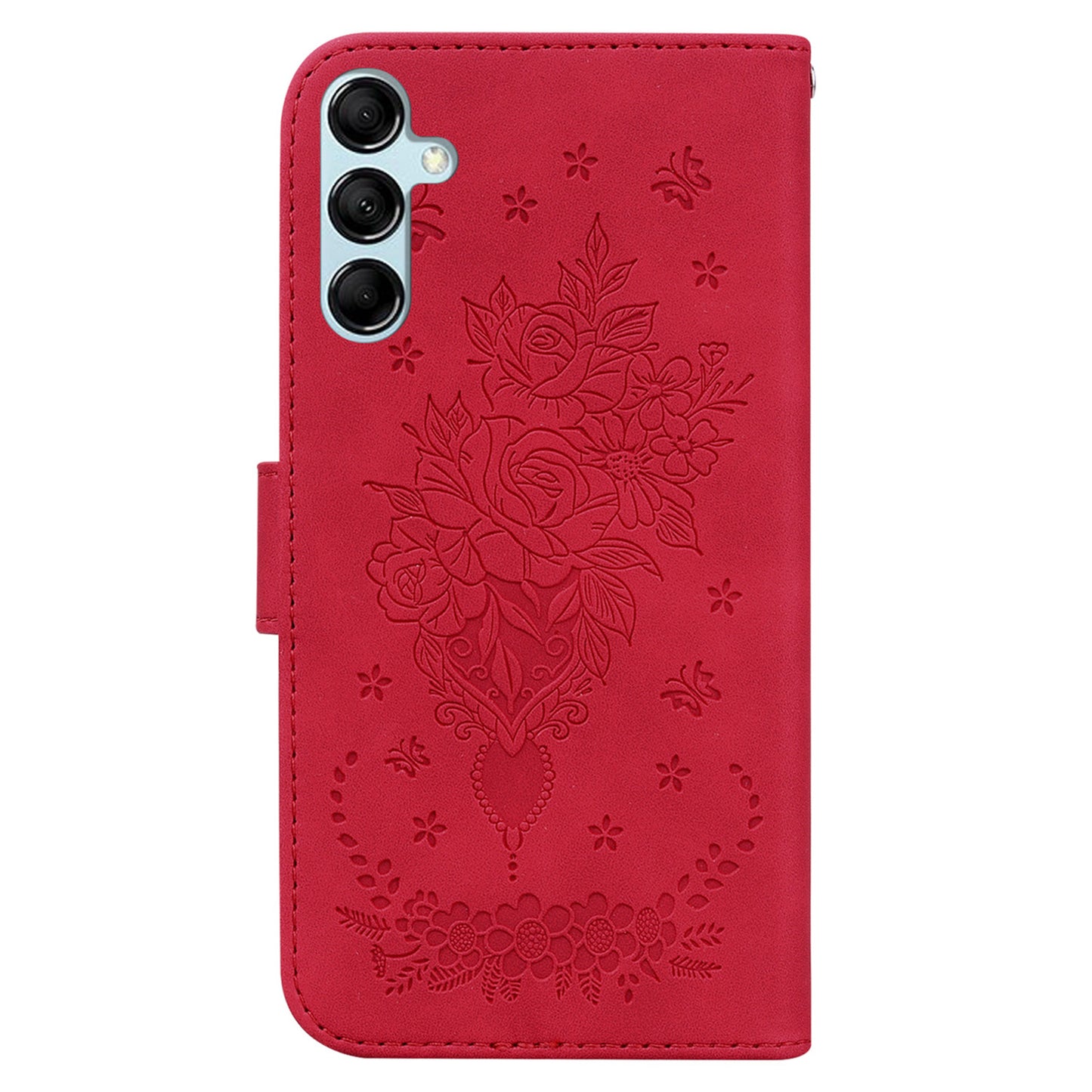 Leather Stand Wallet Phone Case for Samsung Galaxy M14 5G , Imprinted Rose Butterfly Phone Cover
