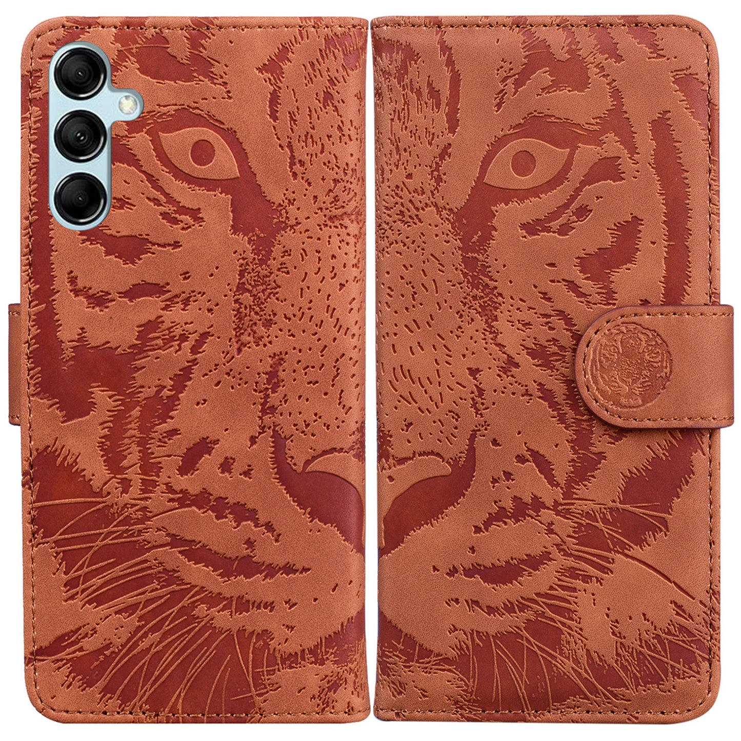 Tiger Imprinted Shell for Samsung Galaxy M14 5G Shockproof PU Leather Wallet Stand Case Phone Cover