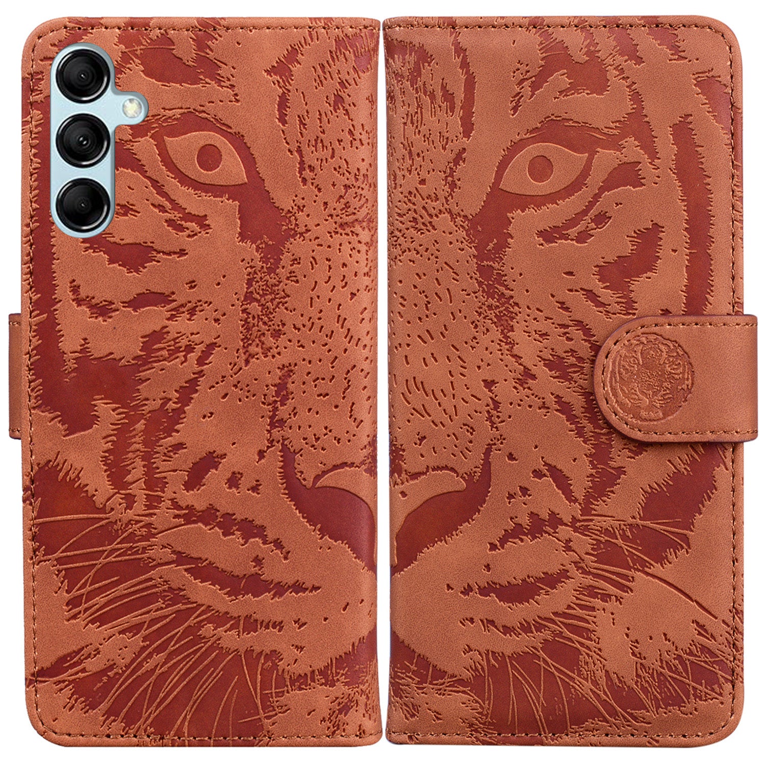 Tiger Imprinted Shell for Samsung Galaxy M14 5G Shockproof PU Leather Wallet Stand Case Phone Cover