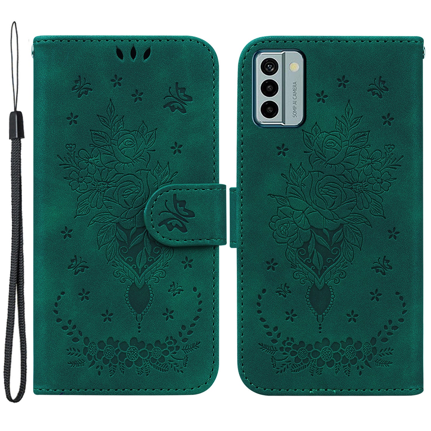 For Nokia G22 Smartphone Cover Phone Stand Case Rose Butterfly Imprinted PU Leather Wallet Phone Shell