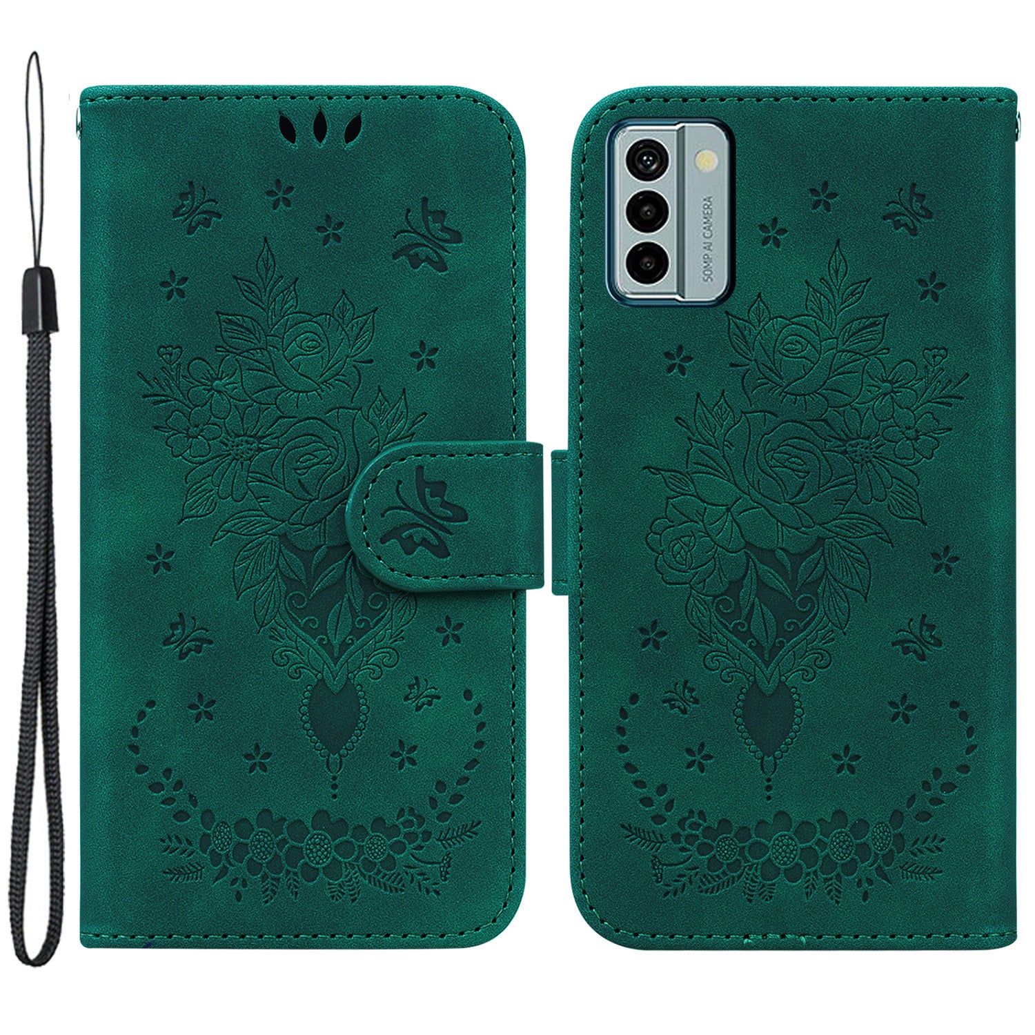 For Nokia G22 Smartphone Cover Phone Stand Case Rose Butterfly Imprinted PU Leather Wallet Phone Shell