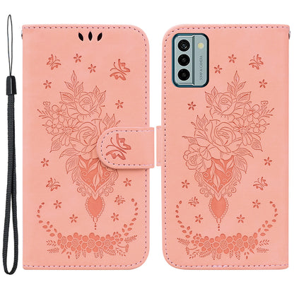 For Nokia G22 Smartphone Cover Phone Stand Case Rose Butterfly Imprinted PU Leather Wallet Phone Shell