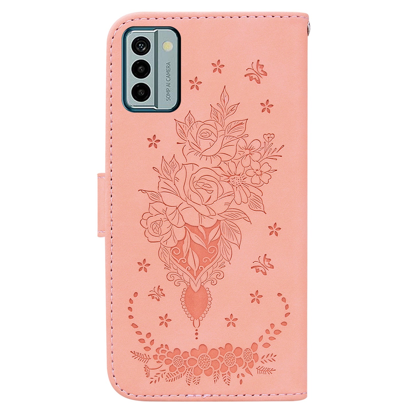 For Nokia G22 Smartphone Cover Phone Stand Case Rose Butterfly Imprinted PU Leather Wallet Phone Shell