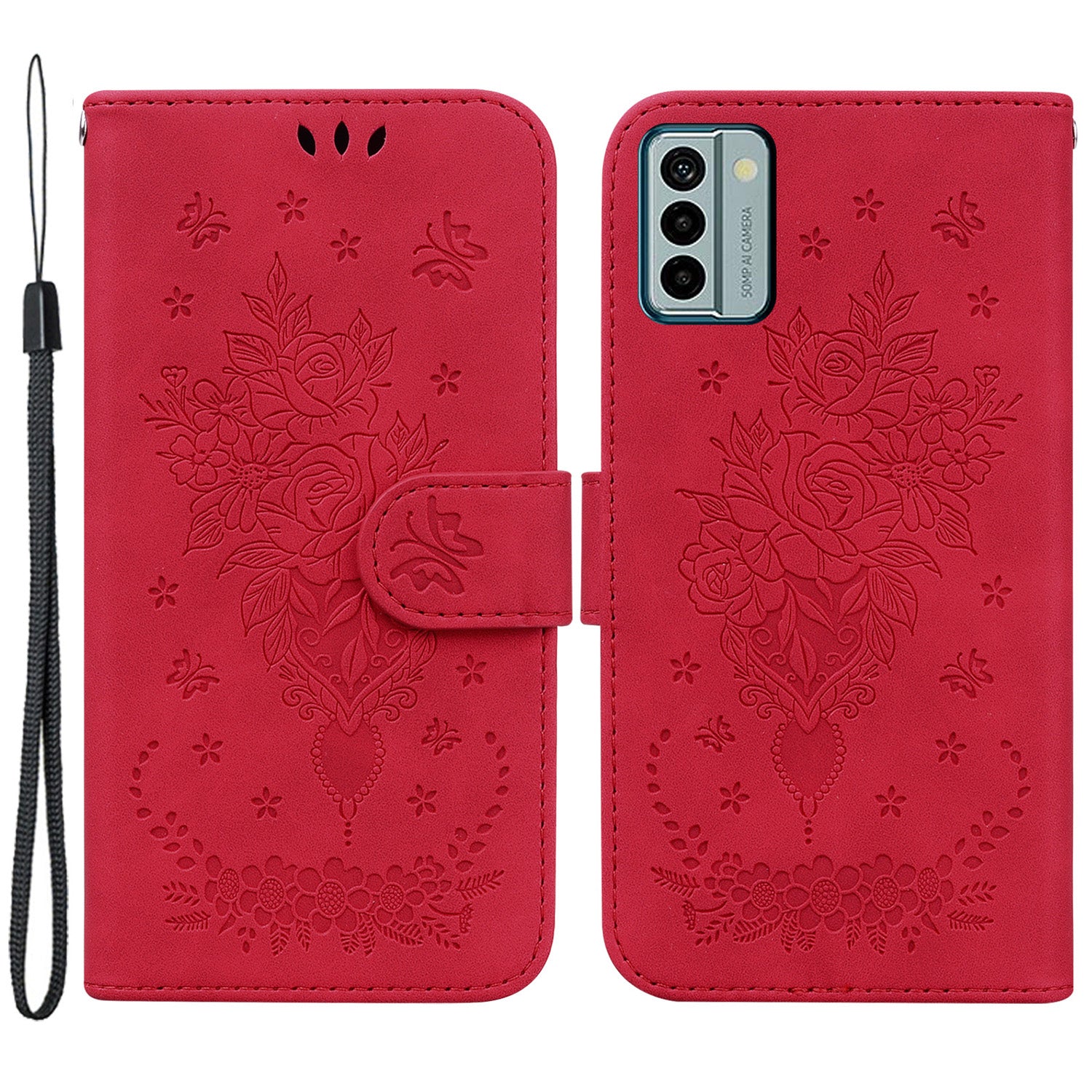 For Nokia G22 Smartphone Cover Phone Stand Case Rose Butterfly Imprinted PU Leather Wallet Phone Shell