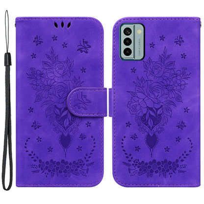 For Nokia G22 Smartphone Cover Phone Stand Case Rose Butterfly Imprinted PU Leather Wallet Phone Shell