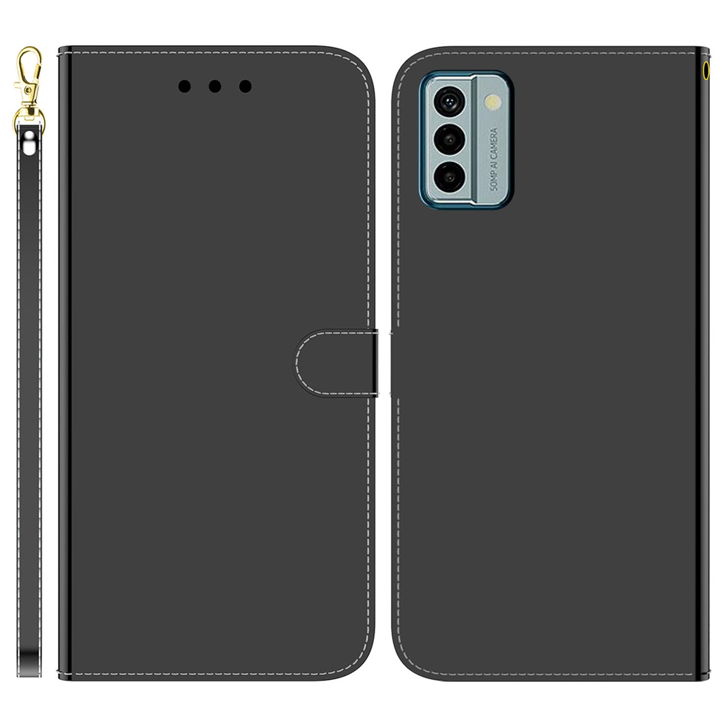 For Nokia G22 PU Leather Phone Flip Cover Mirror-Like Surface Wallet Stand Phone Case with Strap