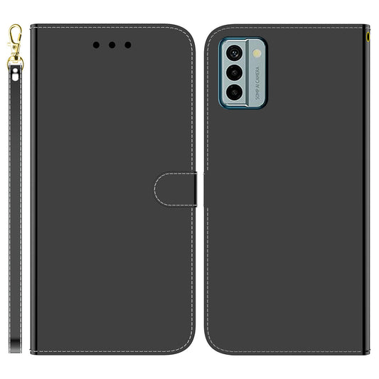 For Nokia G22 PU Leather Phone Flip Cover Mirror-Like Surface Wallet Stand Phone Case with Strap