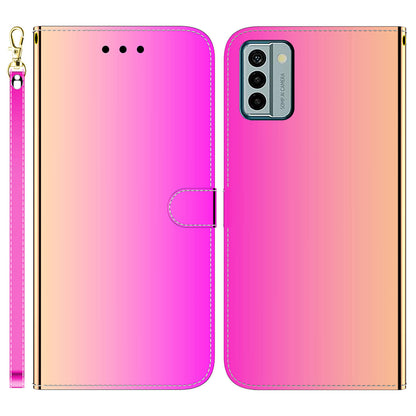 For Nokia G22 PU Leather Phone Flip Cover Mirror-Like Surface Wallet Stand Phone Case with Strap