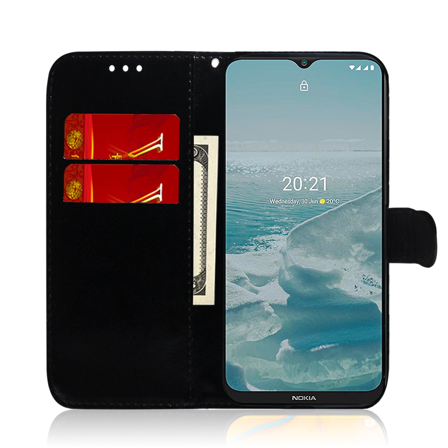 For Nokia G22 PU Leather Phone Flip Cover Mirror-Like Surface Wallet Stand Phone Case with Strap