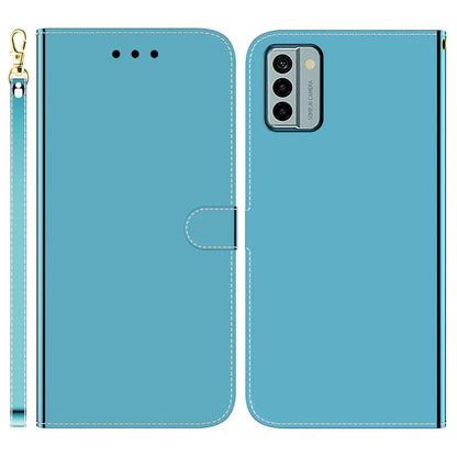 For Nokia G22 PU Leather Phone Flip Cover Mirror-Like Surface Wallet Stand Phone Case with Strap