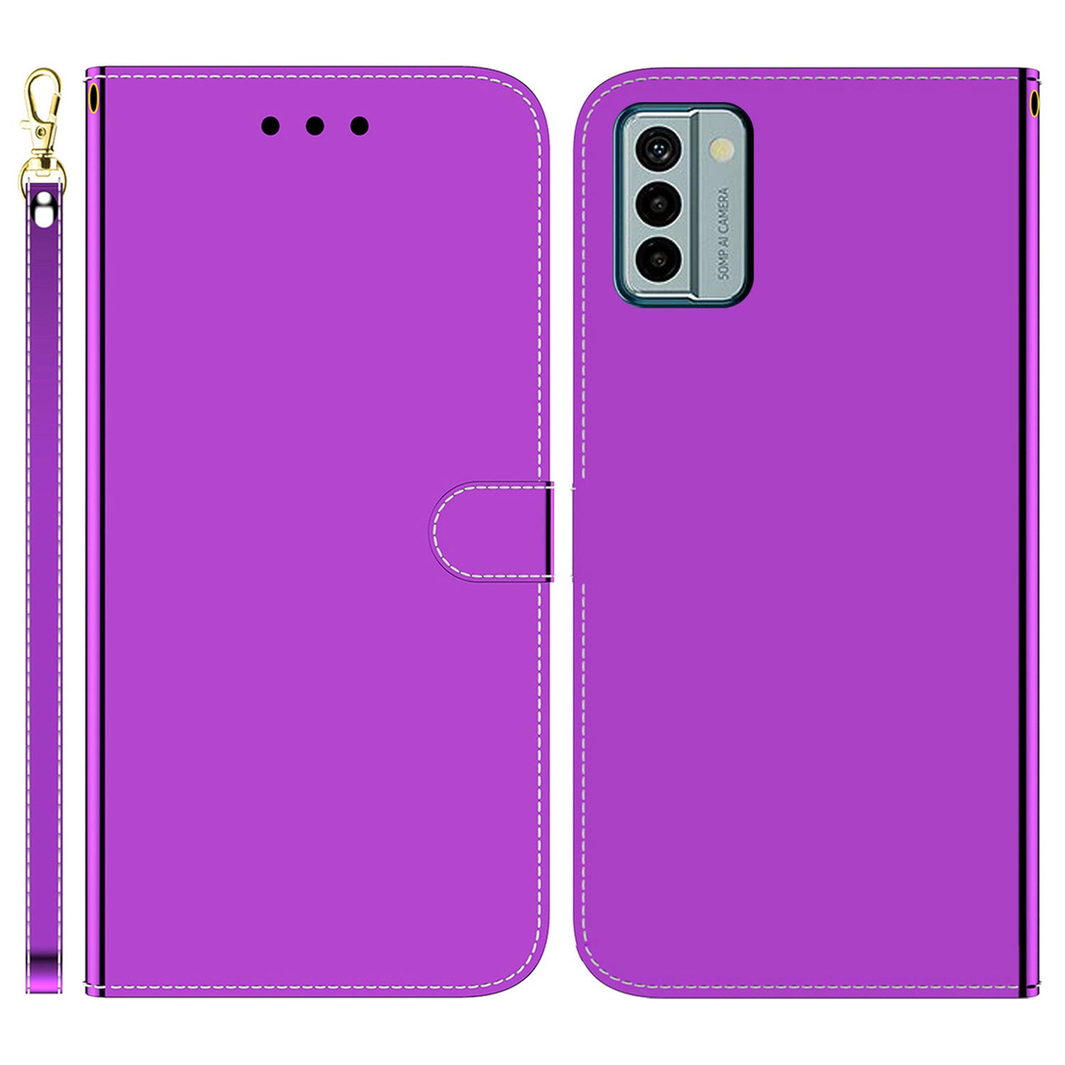 For Nokia G22 PU Leather Phone Flip Cover Mirror-Like Surface Wallet Stand Phone Case with Strap