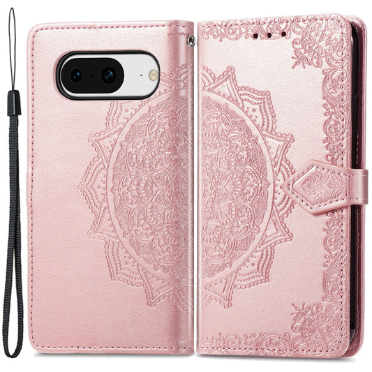 For Google Pixel 8 Collision Resistant PU Leather Stand Wallet Embossed Mandala Pattern Cover