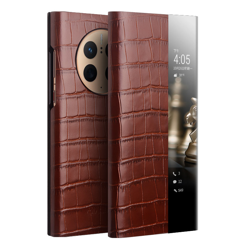 QIALINO For Huawei Mate 50 Pro 4G View Window Phone Case Genuine Cow Leather PC Phone Cover