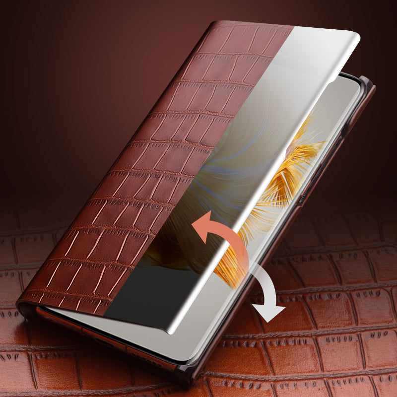 QIALINO For Huawei Mate 50 Pro 4G View Window Phone Case Genuine Cow Leather PC Phone Cover