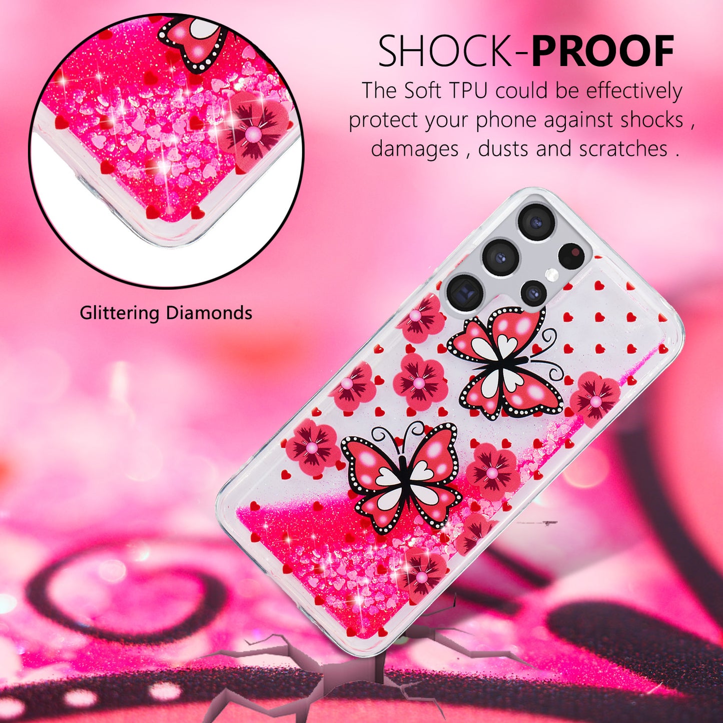 For Samsung Galaxy S23 Ultra Glitter Liquid Quicksand TPU Phone Case Embossment Pattern Phone Cover