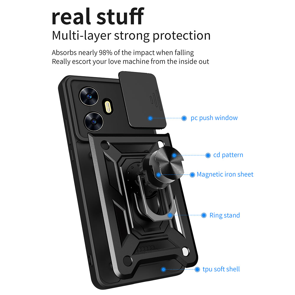 For Realme C55 Kickstand Phone Case Slide Camera Protection PC+TPU Car Mount Phone Cover