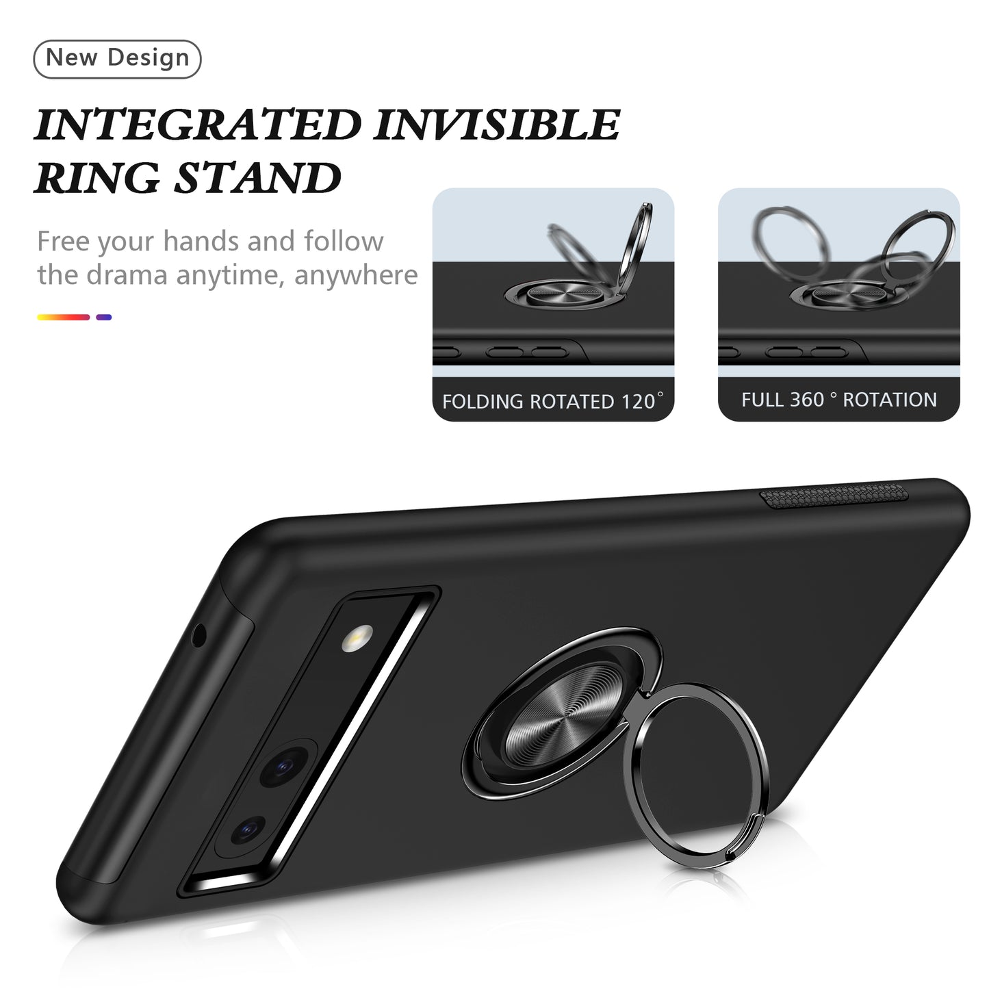 For Google Pixel 7a Rotary Ring Kickstand Phone Case PC+TPU Anti-Drop Back Cover