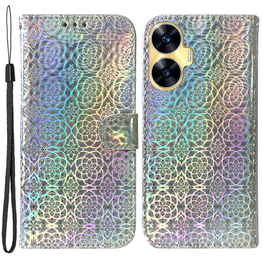 For Realme C55 Flip Stand Phone Shell PU Leather Wallet Phone Case Dazzling Flower Pattern Cover