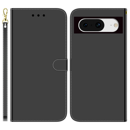 For Google Pixel 8 View Stand Case PU Leather Mirror-Like Surface Wallet Flip Phone Cover with Strap