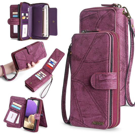 MEGSHI 004 Series For Samsung Galaxy A22 4G (EU Version) Zipper Leather Wallet Case Detachable Magnetic Folio Stand Cover