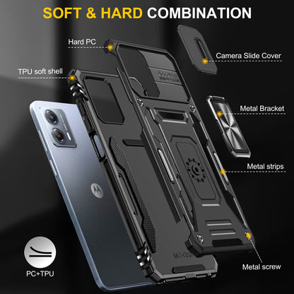 For Motorola Moto G53 5G Armor Series Slide Lens Protection Phone Case PC + TPU Kickstand Cover