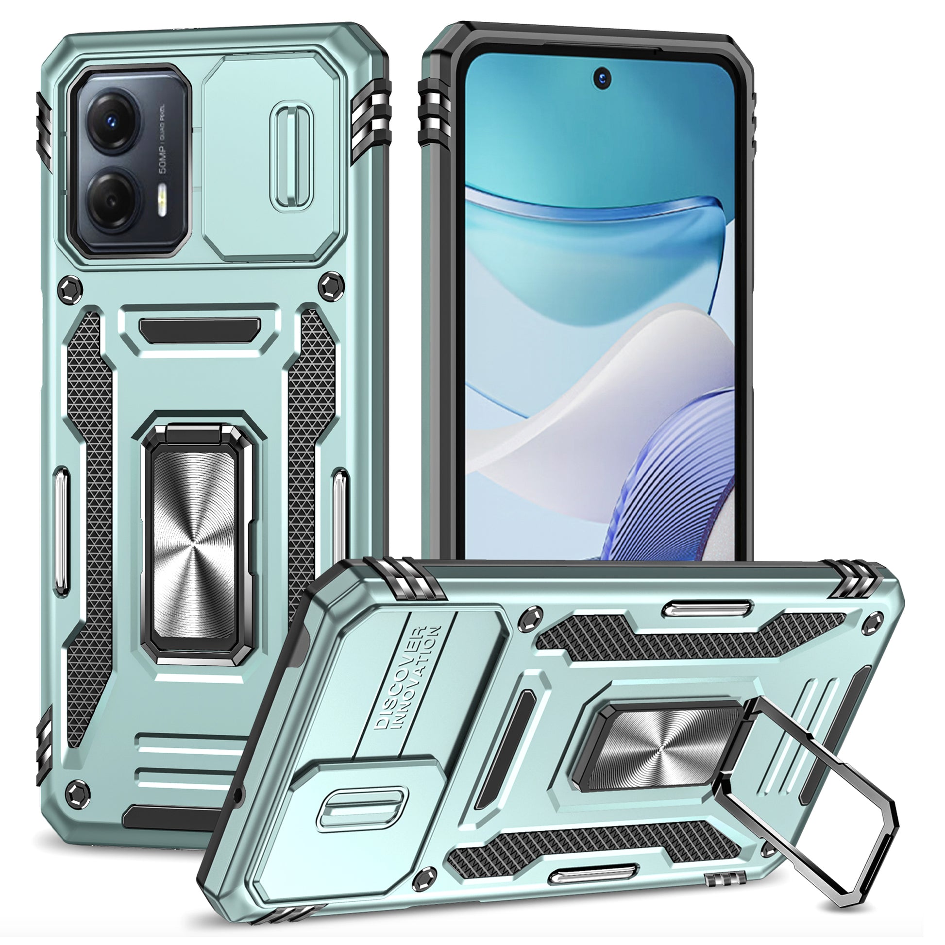 For Motorola Moto G53 5G Armor Series Slide Lens Protection Phone Case PC + TPU Kickstand Cover