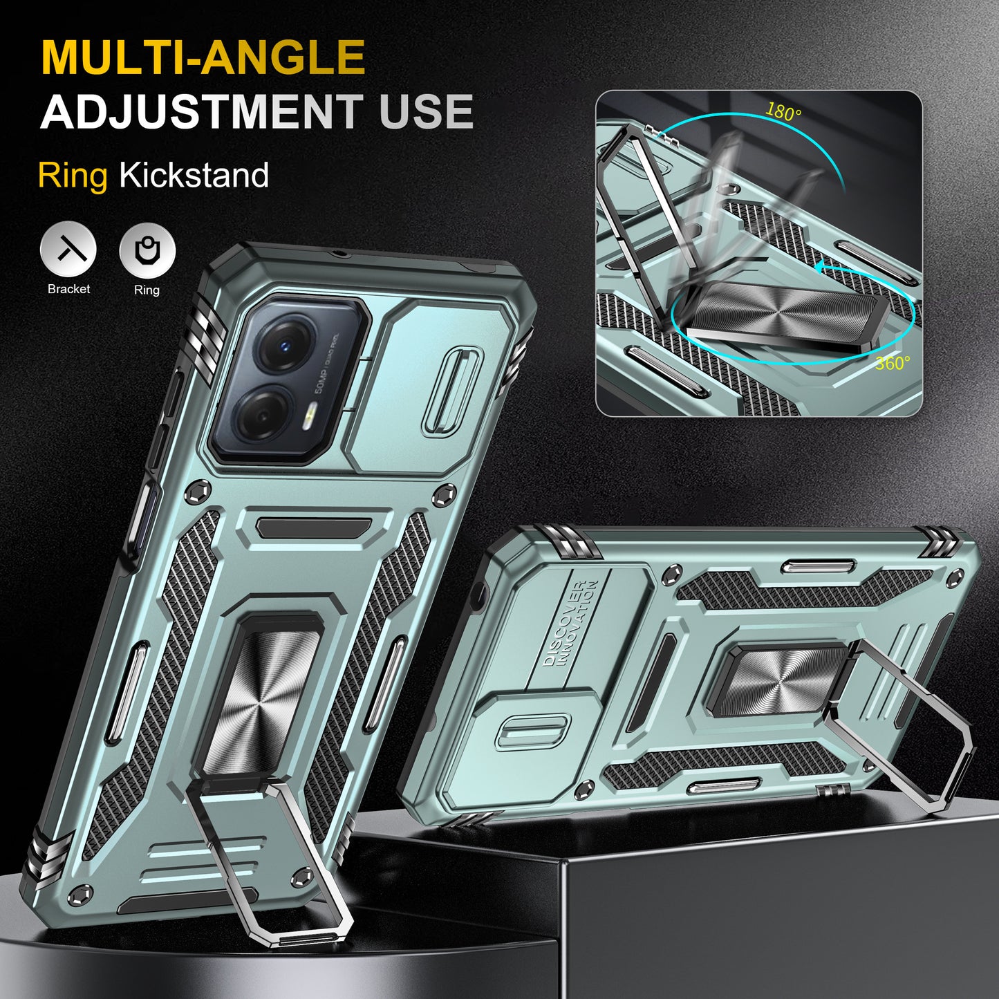 For Motorola Moto G53 5G Armor Series Slide Lens Protection Phone Case PC + TPU Kickstand Cover