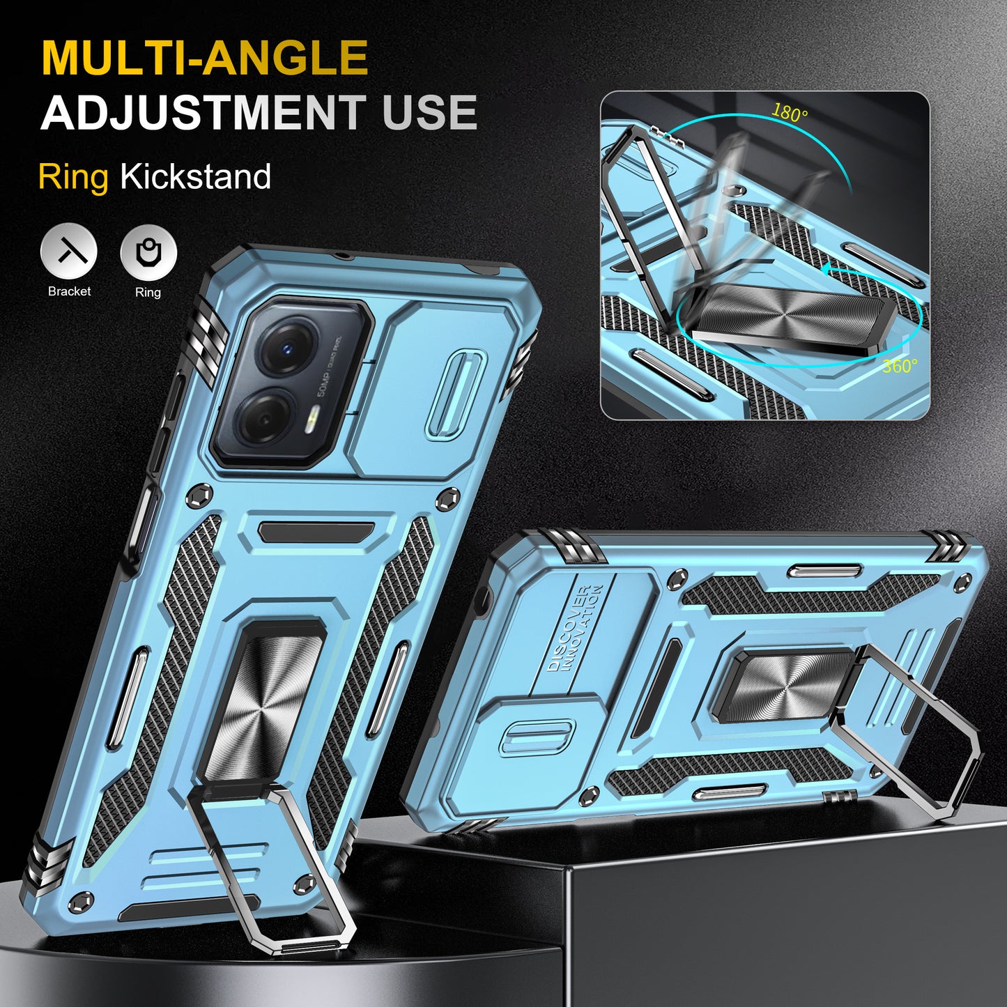 For Motorola Moto G53 5G Armor Series Slide Lens Protection Phone Case PC + TPU Kickstand Cover