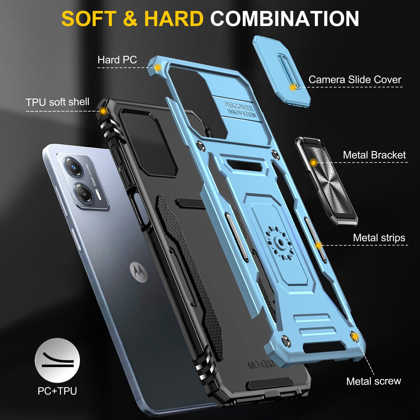 For Motorola Moto G53 5G Armor Series Slide Lens Protection Phone Case PC + TPU Kickstand Cover