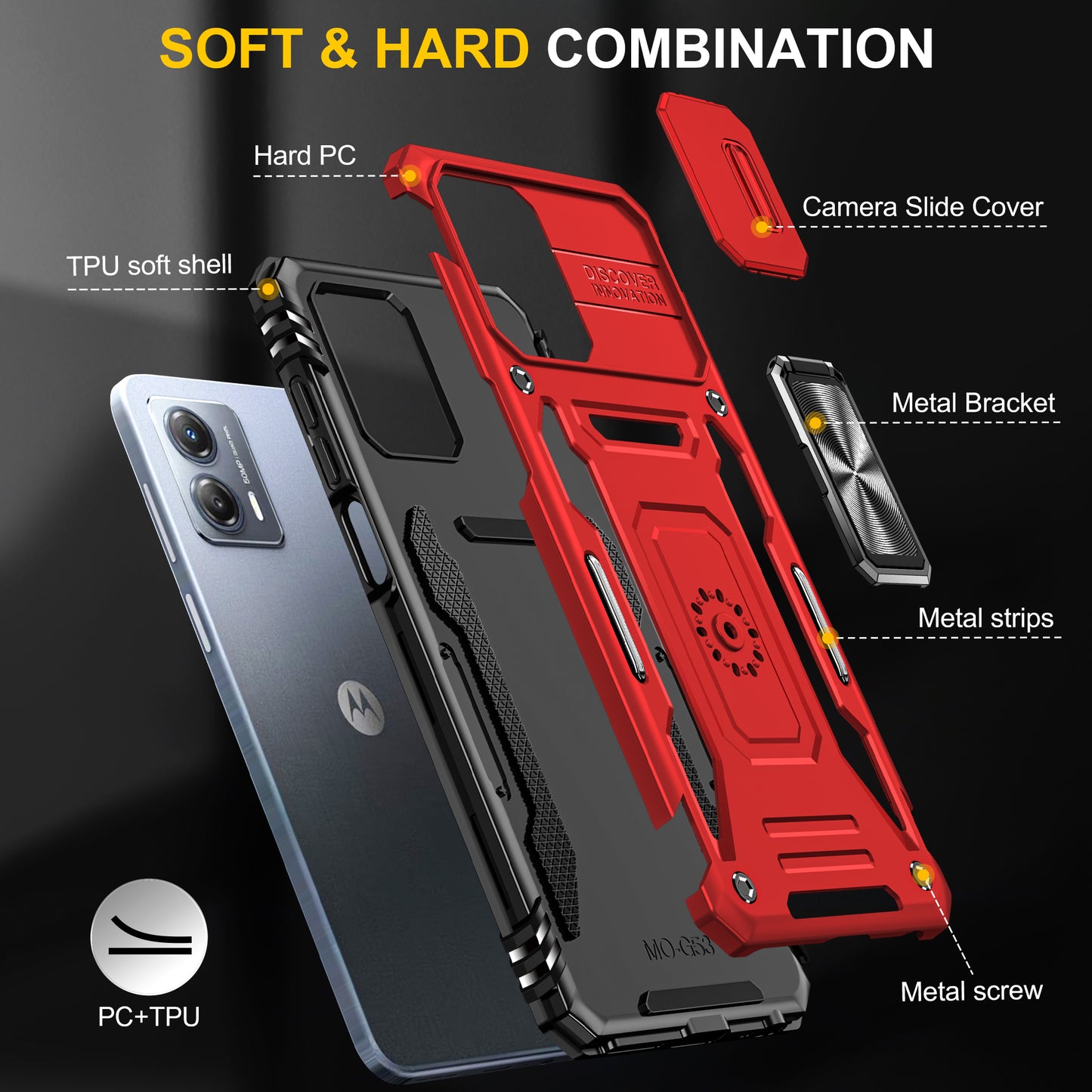 For Motorola Moto G53 5G Armor Series Slide Lens Protection Phone Case PC + TPU Kickstand Cover