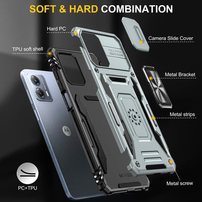 For Motorola Moto G53 5G Armor Series Slide Lens Protection Phone Case PC + TPU Kickstand Cover