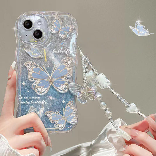 For iPhone 13 Wavy Edge Butterfly Pattern Case Soft TPU Gradient Glitter Phone Cover with Chain