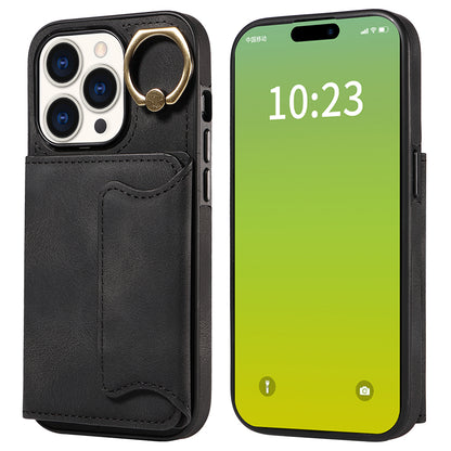 001 Card Holder Phone Case for iPhone 15 Pro , PU Leather Coated TPU Cover with Ring Kickstand