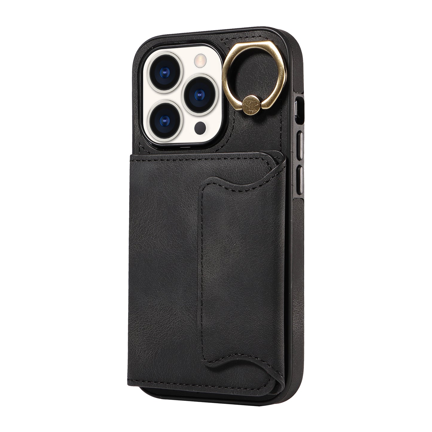 001 Card Holder Phone Case for iPhone 15 Pro , PU Leather Coated TPU Cover with Ring Kickstand