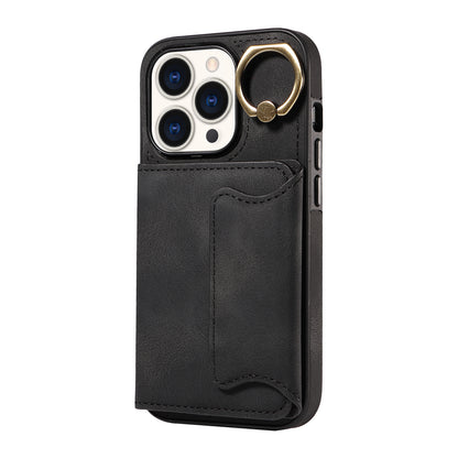 001 Card Holder Phone Case for iPhone 15 Pro , PU Leather Coated TPU Cover with Ring Kickstand
