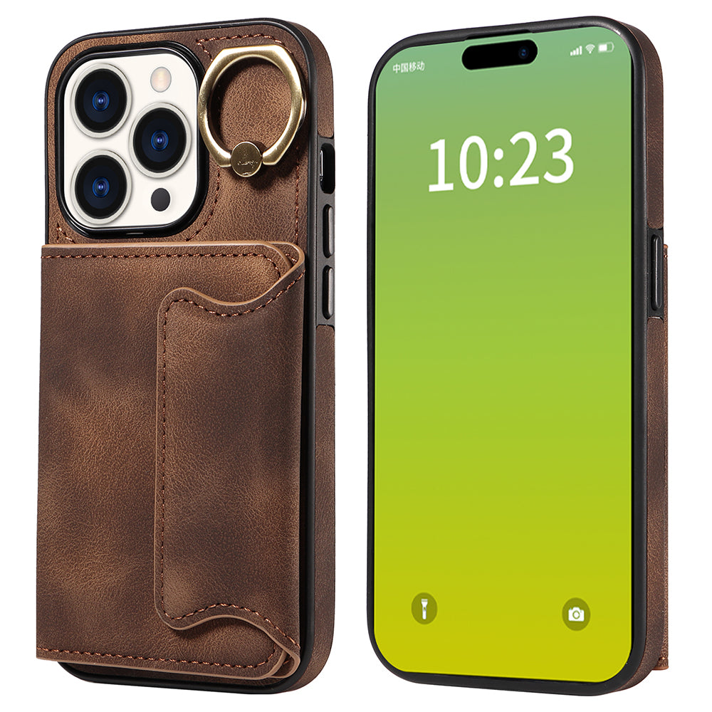 001 Card Holder Phone Case for iPhone 15 Pro , PU Leather Coated TPU Cover with Ring Kickstand
