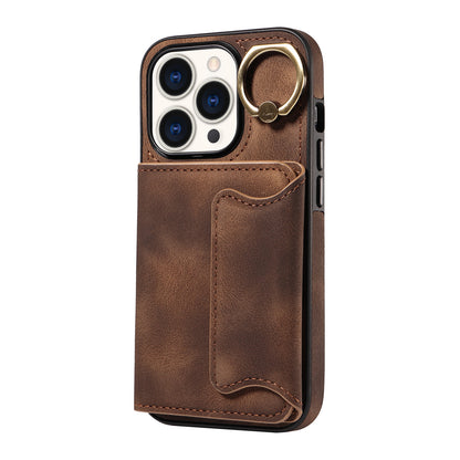 001 Card Holder Phone Case for iPhone 15 Pro , PU Leather Coated TPU Cover with Ring Kickstand