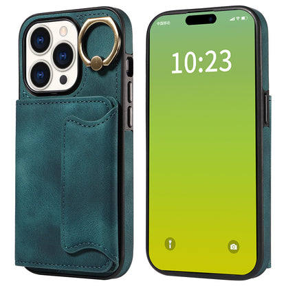 001 Card Holder Phone Case for iPhone 15 Pro , PU Leather Coated TPU Cover with Ring Kickstand
