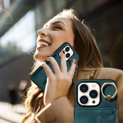 001 Card Holder Phone Case for iPhone 15 Pro , PU Leather Coated TPU Cover with Ring Kickstand