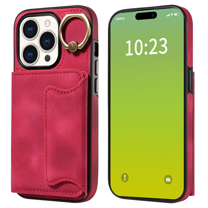 001 Card Holder Phone Case for iPhone 15 Pro , PU Leather Coated TPU Cover with Ring Kickstand