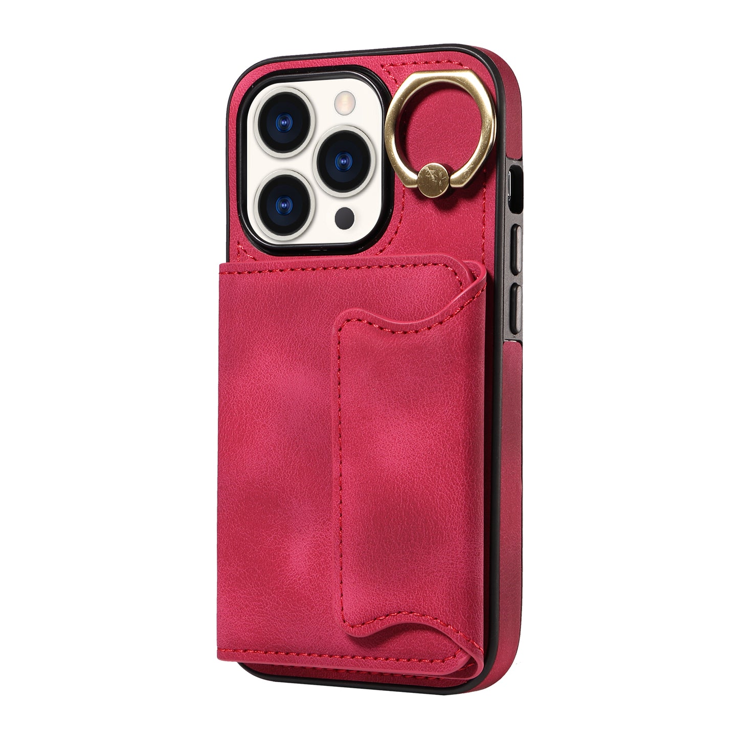001 Card Holder Phone Case for iPhone 15 Pro , PU Leather Coated TPU Cover with Ring Kickstand