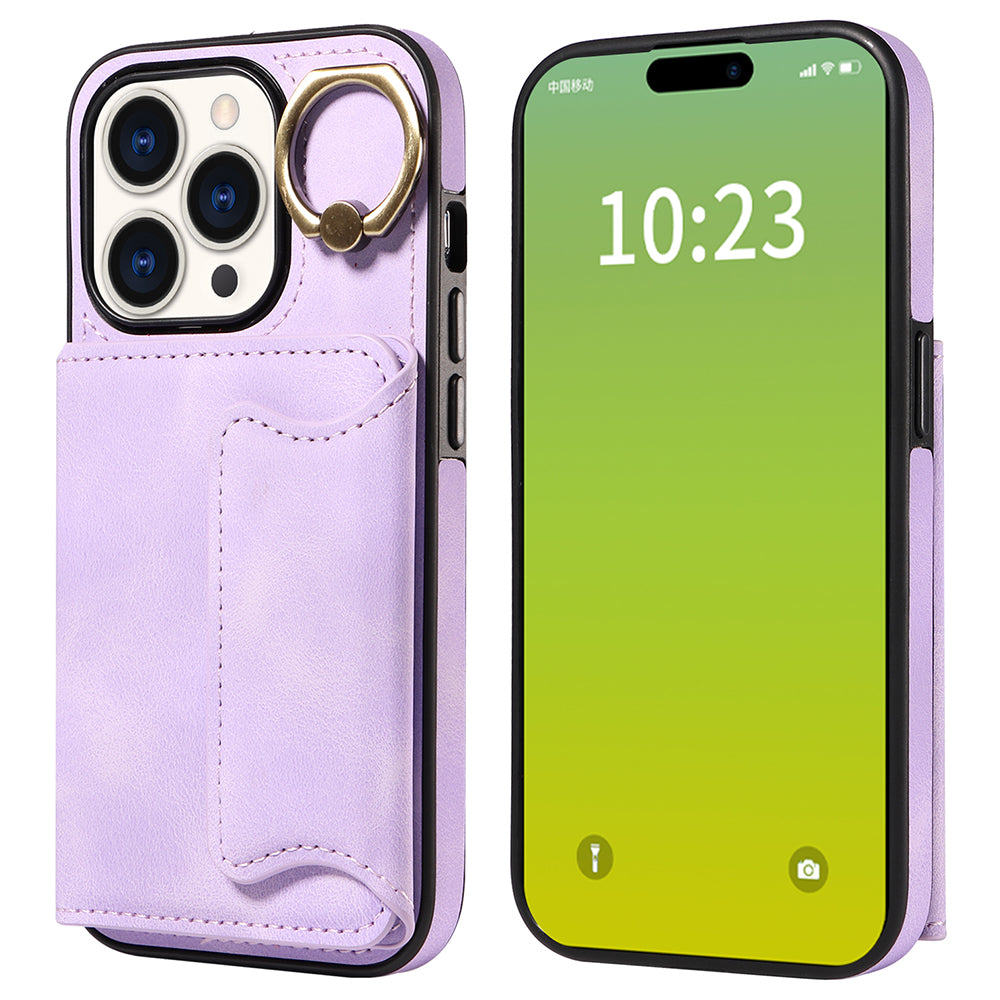 001 Card Holder Phone Case for iPhone 15 Pro , PU Leather Coated TPU Cover with Ring Kickstand