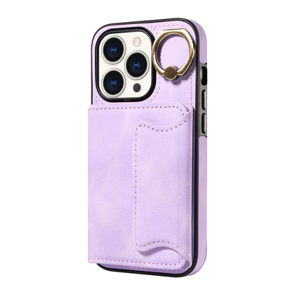 001 Card Holder Phone Case for iPhone 15 Pro , PU Leather Coated TPU Cover with Ring Kickstand