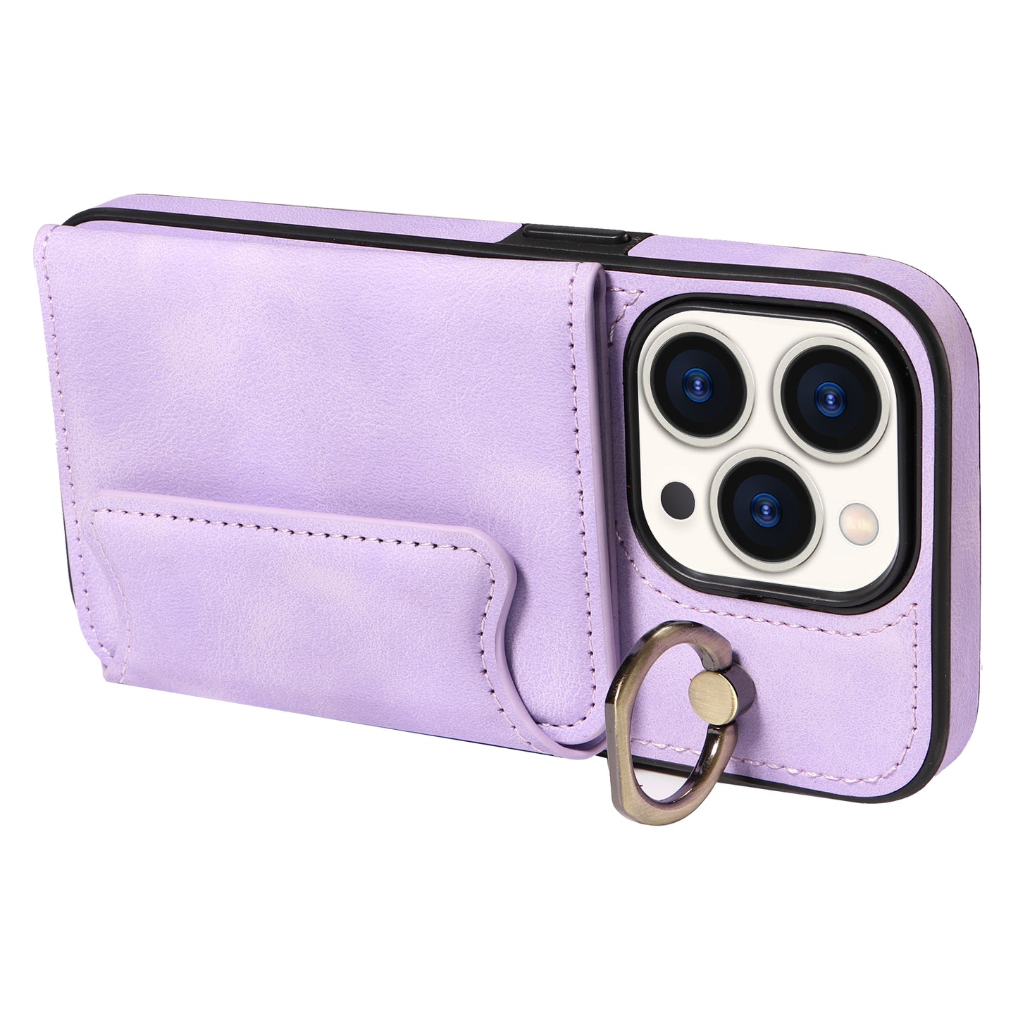 001 Card Holder Phone Case for iPhone 15 Pro , PU Leather Coated TPU Cover with Ring Kickstand