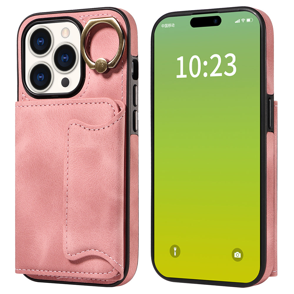 001 Card Holder Phone Case for iPhone 15 Pro , PU Leather Coated TPU Cover with Ring Kickstand