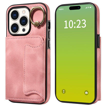 001 Card Holder Phone Case for iPhone 15 Pro , PU Leather Coated TPU Cover with Ring Kickstand