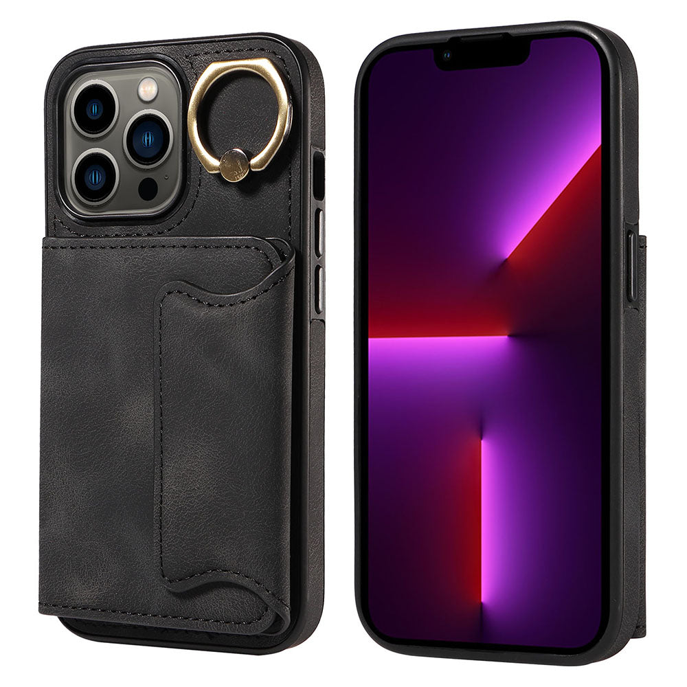 001 For iPhone 13 Pro 6.1 inch Card Holder PU Leather Coated TPU Cover Ring Kickstand Phone Case