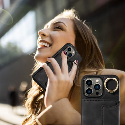 001 For iPhone 13 Pro 6.1 inch Card Holder PU Leather Coated TPU Cover Ring Kickstand Phone Case