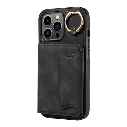 001 For iPhone 13 Pro 6.1 inch Card Holder PU Leather Coated TPU Cover Ring Kickstand Phone Case